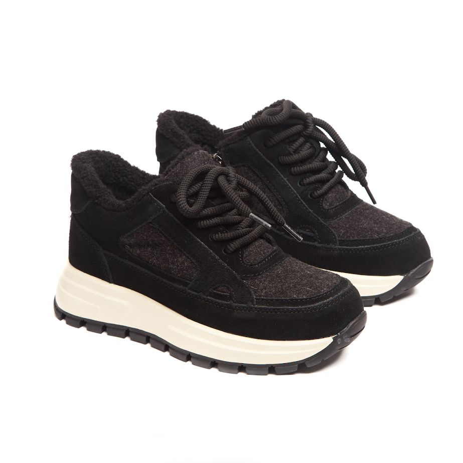 Чорні зимові кросівки з поєднанням замшу та хутра