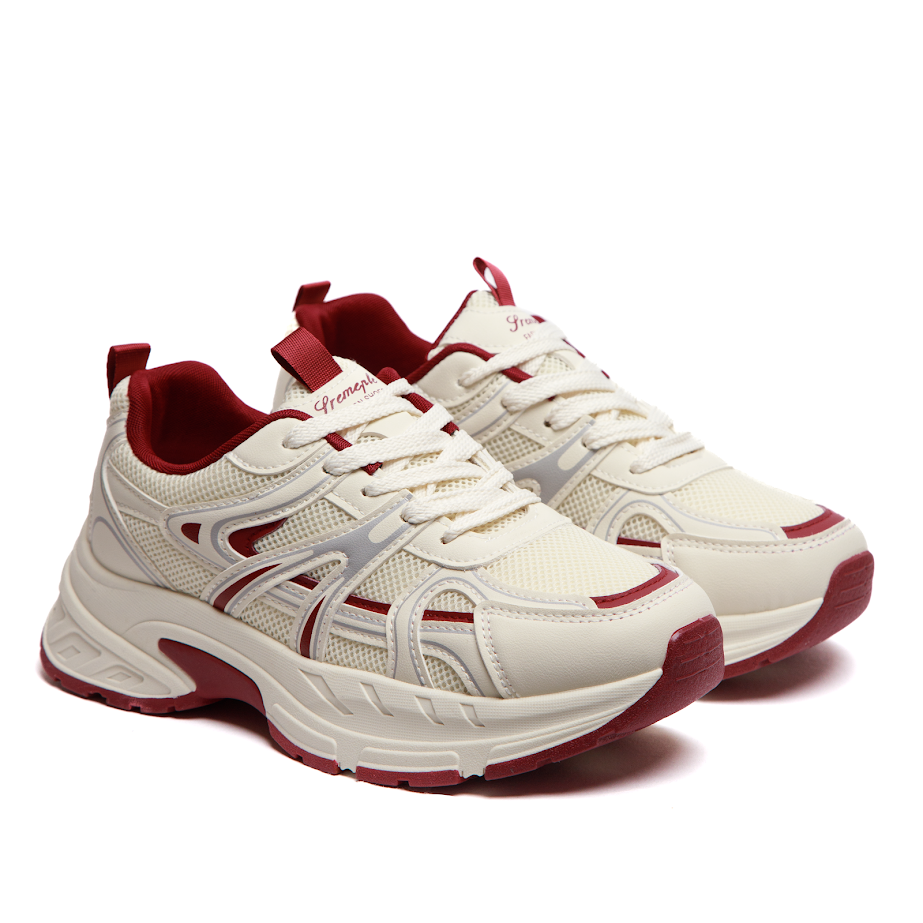 Жіночі Кросівки З Екошкіри Та Сітки У Молочно-Червоному Поєднанні